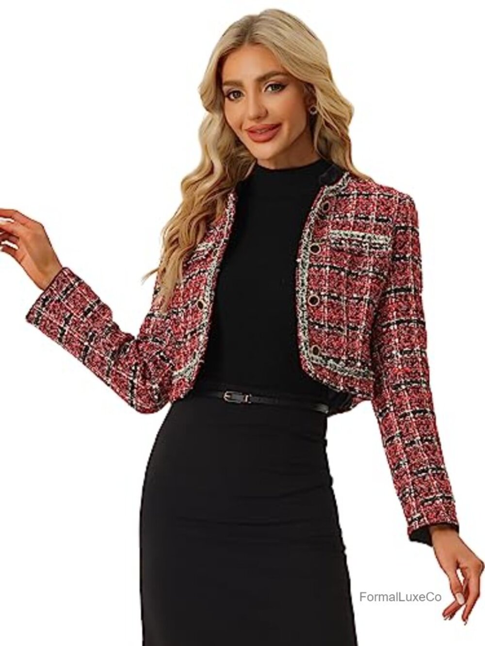 Tweed Plaid Cropped Open Front Blazer - Collarless Long Sleeve Button Decor